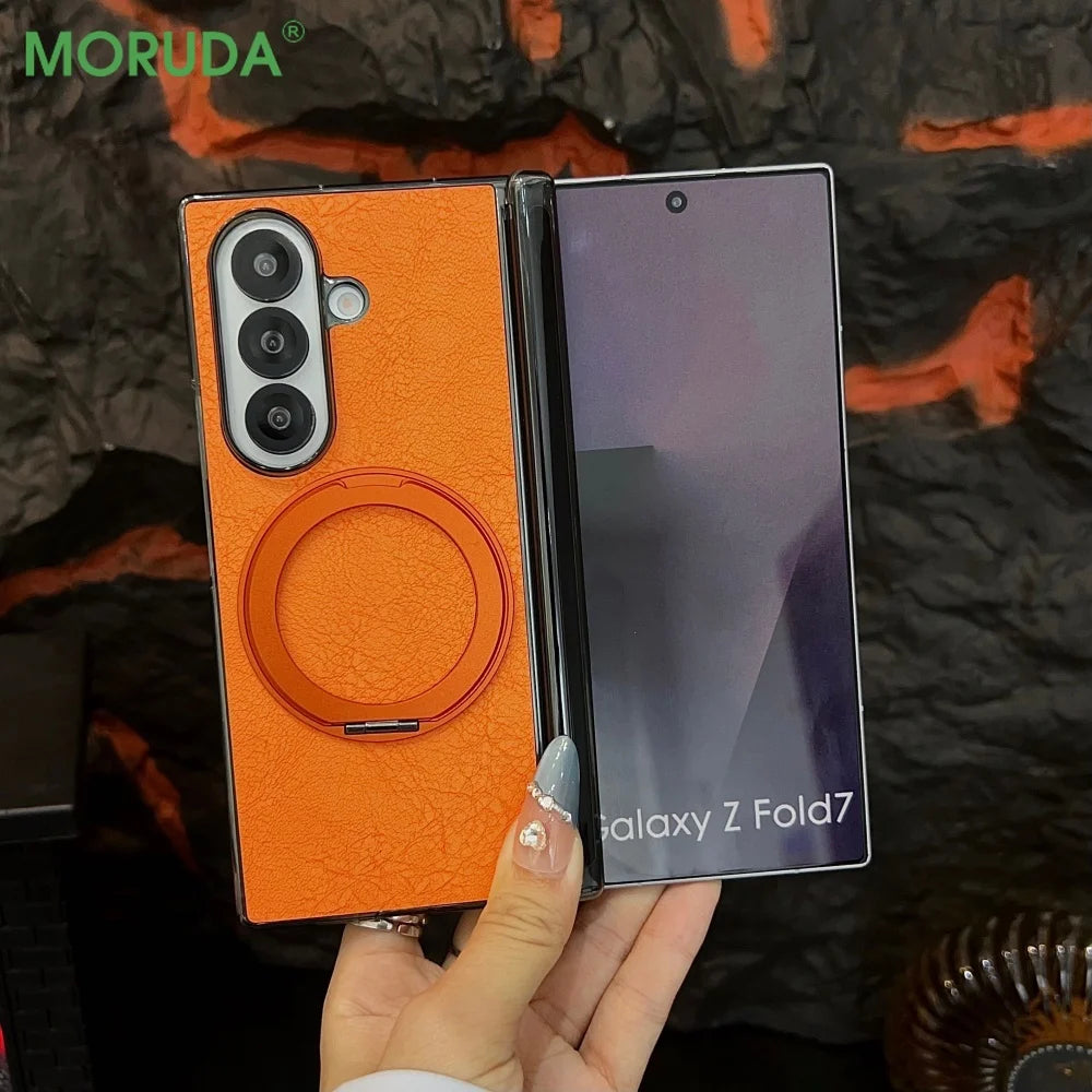 Rotating 360 Bracket PU Leather Magnetic Case for Samsung Galaxy Z Fod7 Zfold7 Fold 7 for Magsafe Charging Shockproof Soft Cover