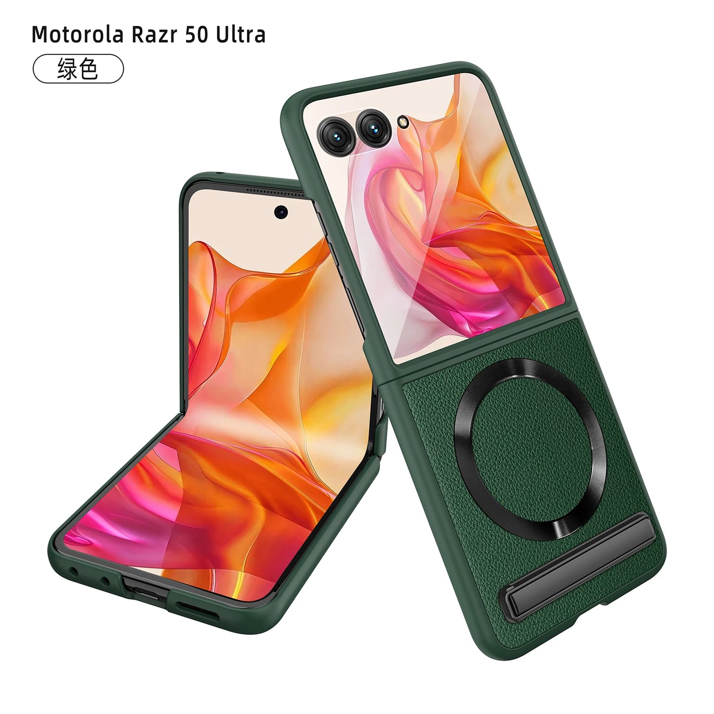 Luxury Leather Magsafe Ring Case For Motorola MOTO RAZR 50 Ultra RAZRPlus 2024 Kickstand Holder Cover 9H HD Glass Film Protector