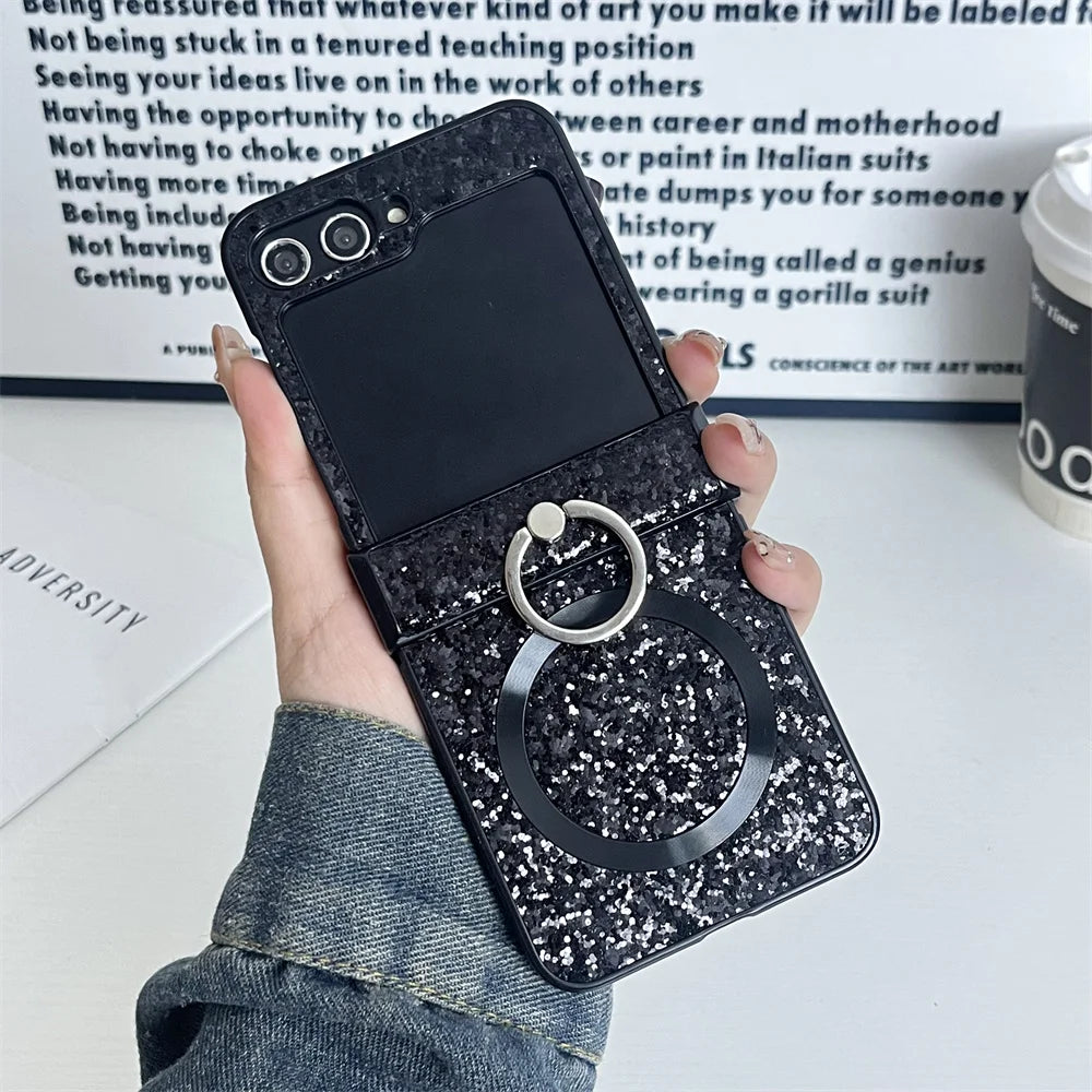 For Samsung Z Flip 7FE Ultra Thin Magnetic Finger Ring Shimmering Case For Samsung Z Flip 7 6 5 4 3 For Magsafe Shockproof Cover