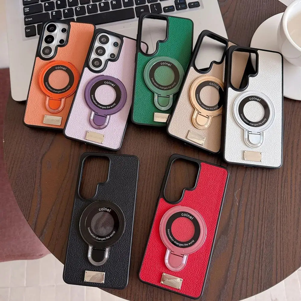 Luxury Lychee Leather for Magsafe Stand Holder Phone Case For Samsung Galaxy S26 S25 S24 S23 Ultra Plus Bracket Shockproof Cover