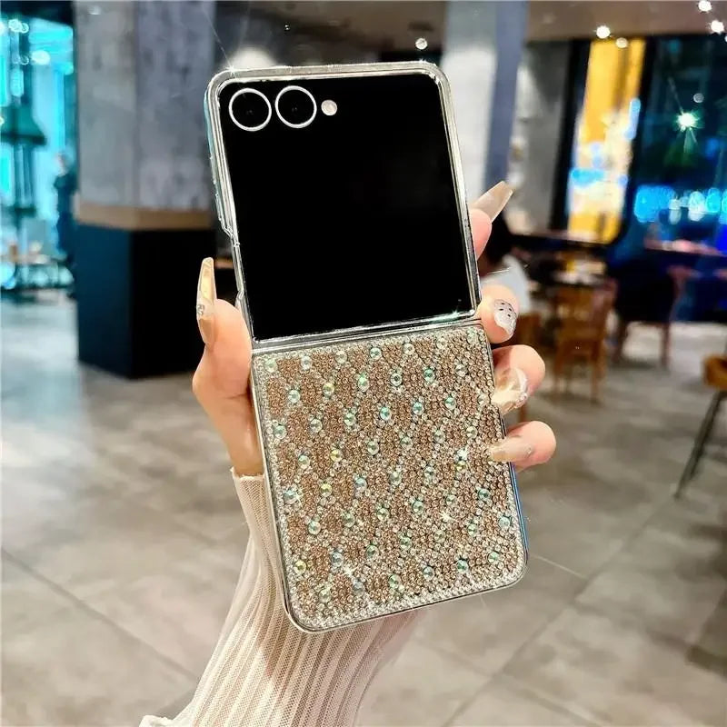 Glitter Bling Plaid Diamond Phone Case For Samsung Galaxy Z Flip 7 Flip6 ZFlip 5 4 Luxury Rhinestone High-end Plating Hard Cover