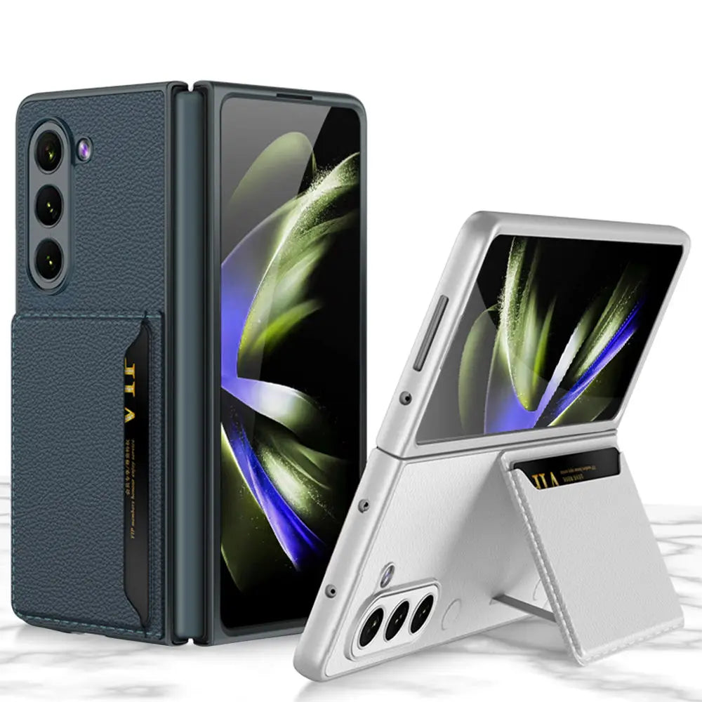 for Samsung Galaxy Z Fold 5 Card Bag Plain Leather Case Anti-fingerprint Delicate Touch Drop-proof Full Protection Cover