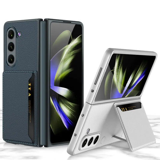for Samsung Galaxy Z Fold 5 Card Bag Plain Leather Case Anti-fingerprint Delicate Touch Drop-proof Full Protection Cover