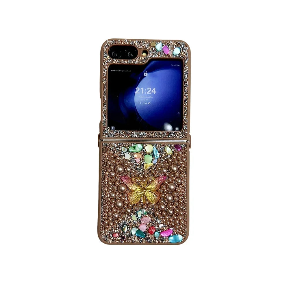 Original Slim Butterfly Jewelled Phone Case For Samsung Galaxy Z Flip 7 6 5 4 3 5G PC Hard Shell Shockproof Protector Back Cover