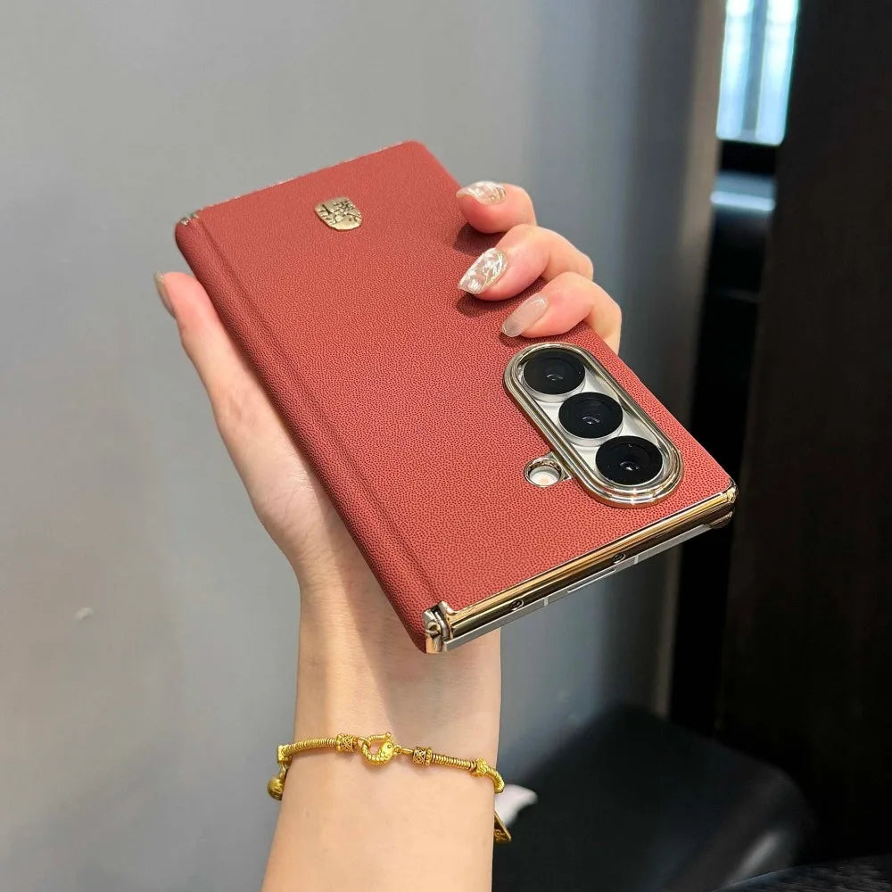 Luxury Leather Glossy Frame Case For Samsung Galaxy Z Fold7 Fold 7 5G Dual Axis Double Hinge Shockproof Armor Back Cover