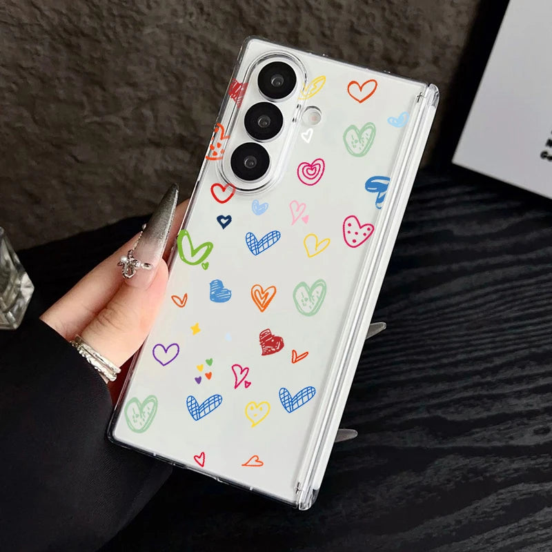 Magnetic Adsorption Clear Phone Case For Samsung Galaxy Z Fold 7 6 5 Fold7 Fold6 Fold5 5G Colorful Love Heart Pattern Hard Cover