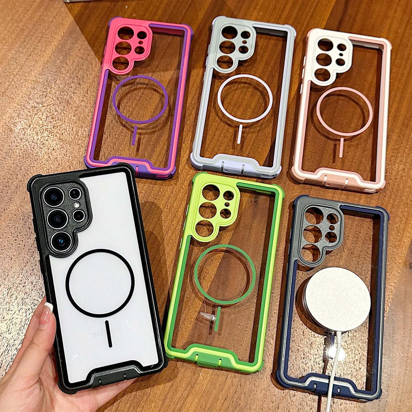 Shockproof Contrast Color For Magsafe Magnetic Case For Samsung Galaxy S25 S24 S23 Ultra Plus Hybrid Transparent Hard Back Cover