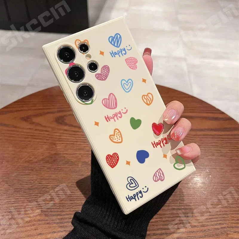 Colorful Love Heart Happy Phone Case For Samsung Galaxy S24 Ultra S25 S23 S22 Plus S20 FE A54 A55 A15 A35 A51 A71 A72 A73 Cover