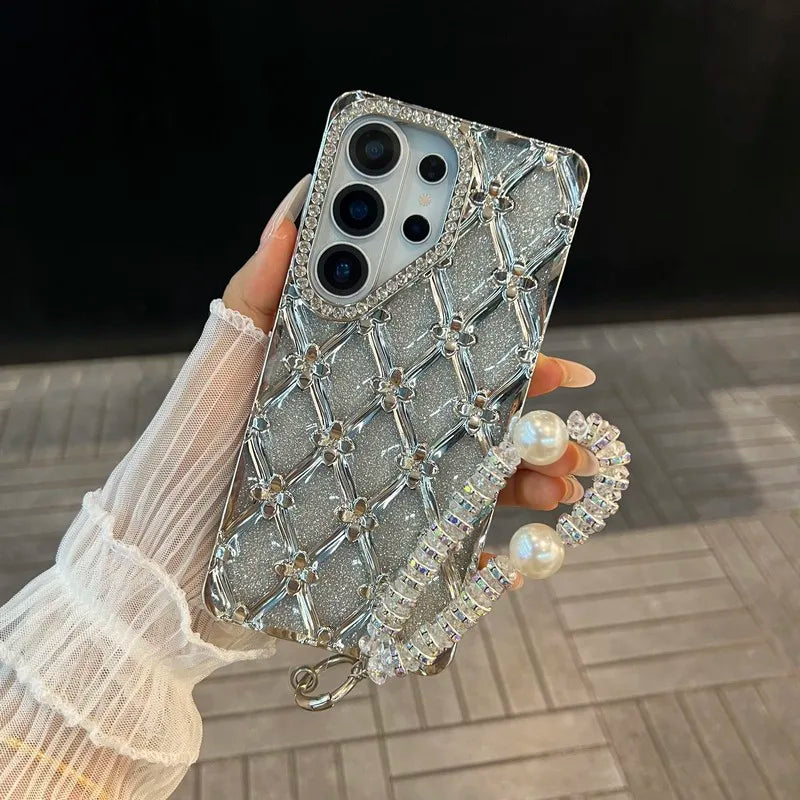 Glitter Diamond Rhombus Bracelet Chain Phone Case For Samsung Galaxy S26 Ultra S23 S24 S25 Plus Ultra A16 Cover With Lanyard