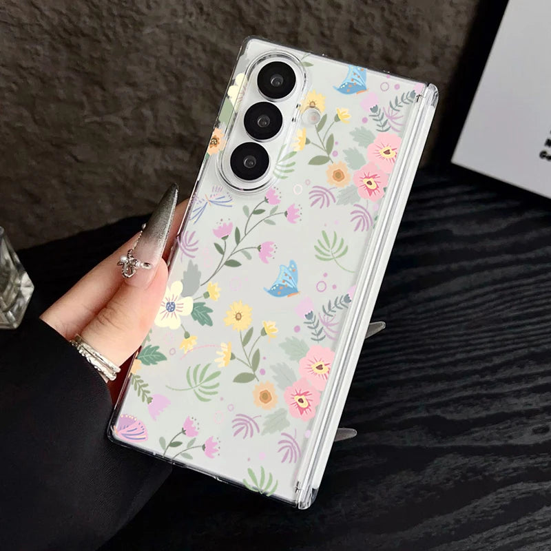 Magnetic Adsorption Phone Case For Samsung Galaxy Z Fold 7 6 5 Fold7 Fold6 Fold5 5G Flower Floral Pattern Clear Shockproof Cover