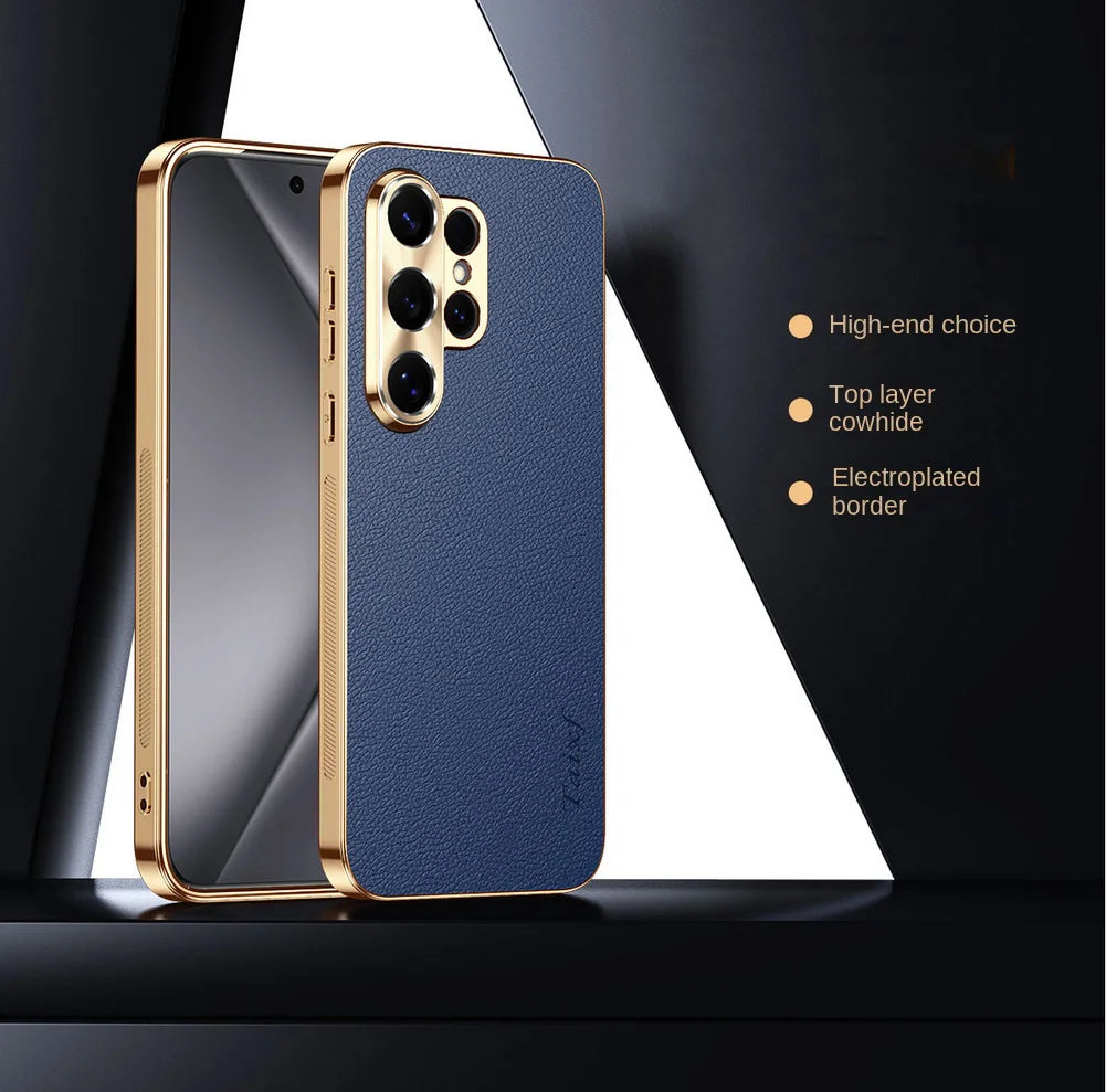 First Layer of Cowhide Lychee Texture Electroplated Frame Case For Samsung S26 Ultra S26 + Galaxy S25 Ultra S25 FE Edge Cover