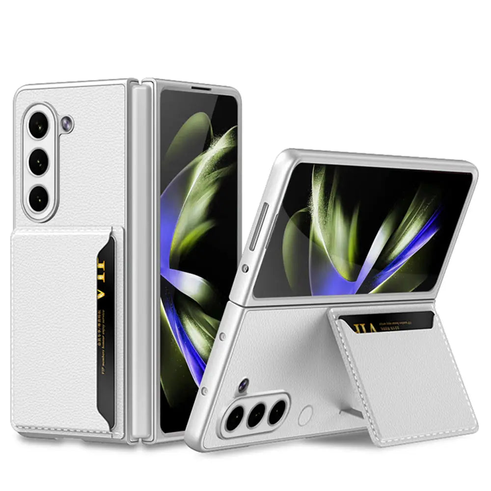 for Samsung Galaxy Z Fold 5 Card Bag Plain Leather Case Anti-fingerprint Delicate Touch Drop-proof Full Protection Cover