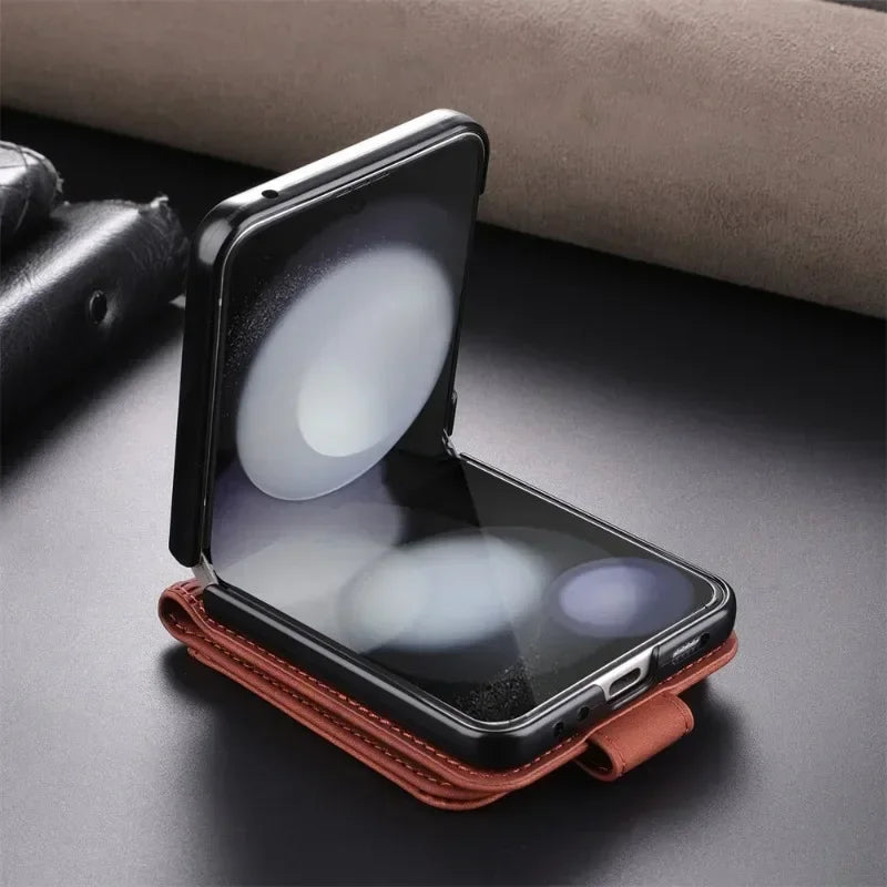 Simple Retro Pure Color Leather Phone Case For Samsung Galaxy Z Flip 7 6 5 4 3 Card Slot Bracket Wallet Shockproof Protect Cover