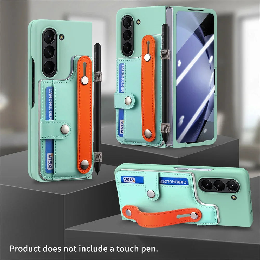 For Samsung Galaxy Z Fold 6 5 Fold6 Fold5 5G Card Slot Wallet Case with Pen Holder & Screen Protector Wrist Strap Cover(NO Pen)