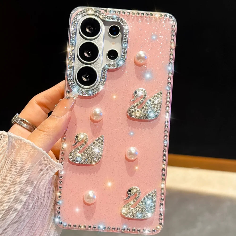 Luxury Diamond Swan Cover For Samsung Galaxy S26 Ultra S26 Plus Laser Heart Case For Samsung S23 S24 Ultra S25 Plus Pearl Case