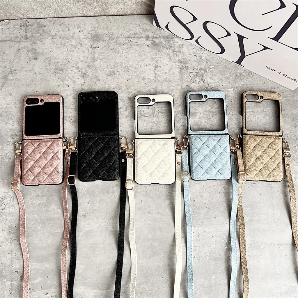 Luxury Crossbody Lanyard Rhombus Pattern PU Leather Phone Case For Samsung Galaxy Z Flip 8 7 FE 6 5 4 5G Hinge Protector Cover