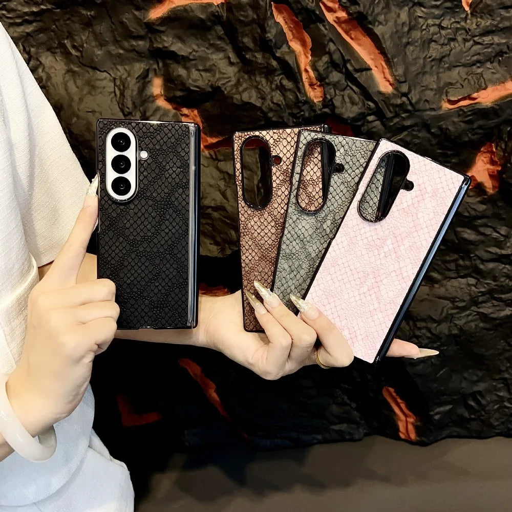 Light Luxury Elegant Snake Skin Leather Phone Case for Samsung Galaxy Z Fold 7 6 5 4 FE Magnetic Shockproof Mobile Cover Shell