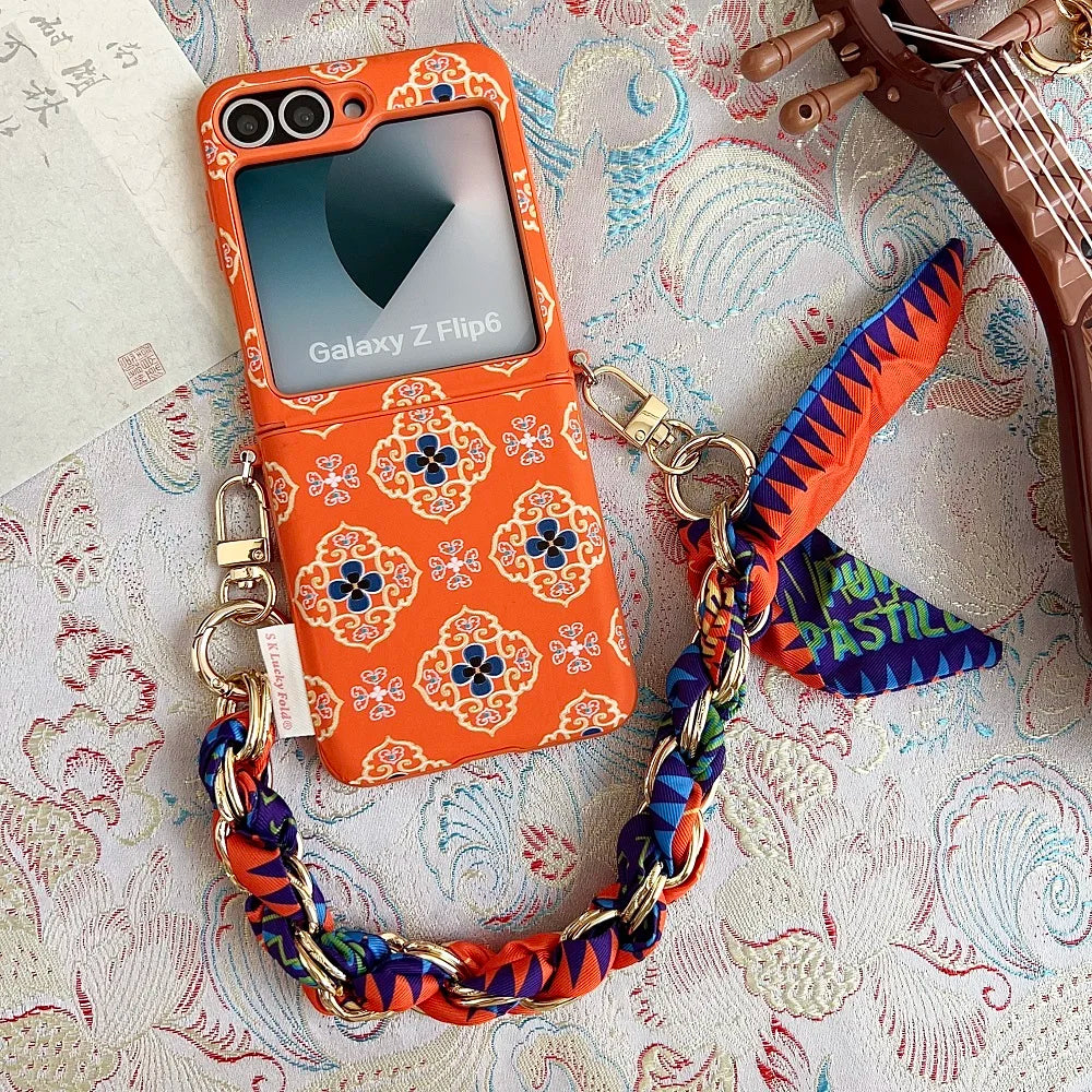 Luxury Embroidery Flowers Phone Case For Samsung Galaxy Z Flip 7 6 5 Flip 7FE Fashion Folding Protection Cover with Ribbon Chain