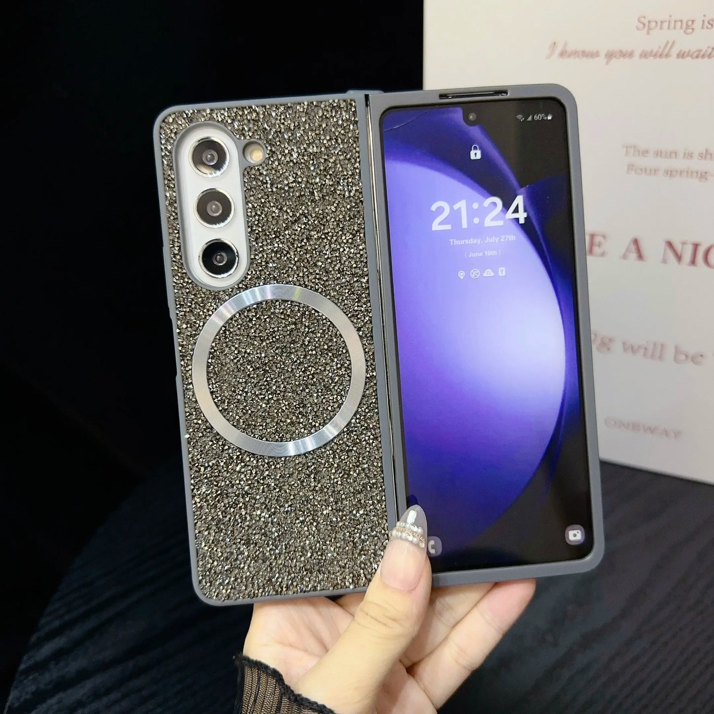 Sparkling Diamond Brilliant Phone Case for Samsung Galaxy Z Fold 7 6 5 4 3 Fold7 TPU Soft Edge Magnetic Cover Women Girl
