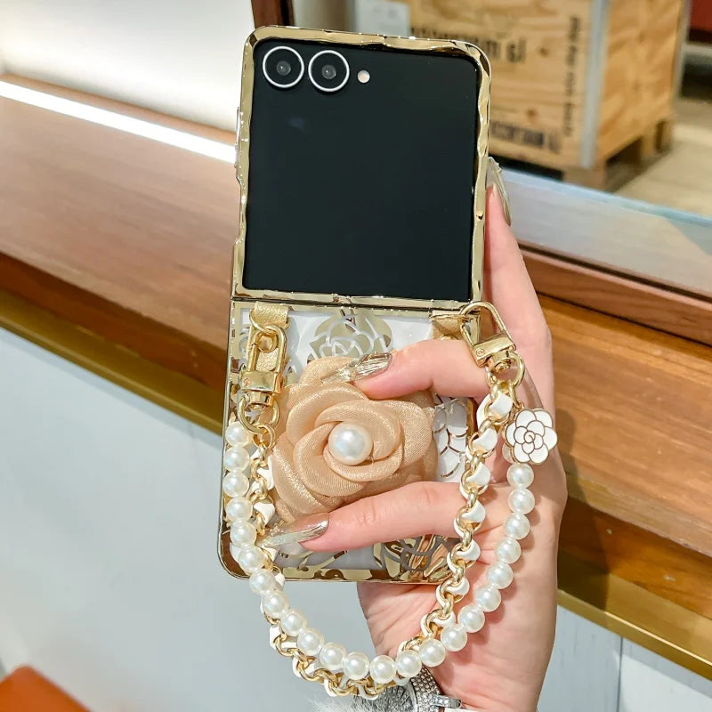 Water Waves Plated Rose Flower Texture Casing For Samsung Galaxy Z Flip 8 Case Flip7 With Pearls Bracelet Mobile Phone Cover