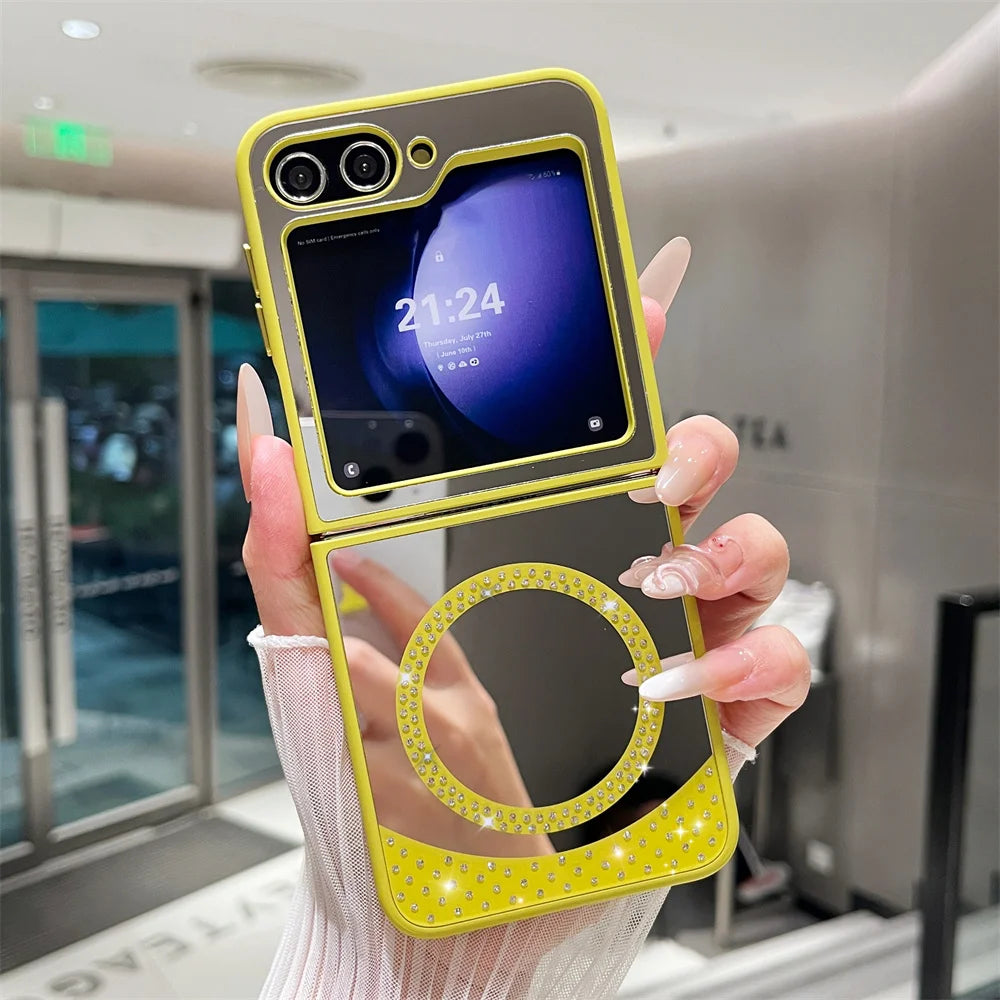 For Magsafe Glitter Diamond Magnetic Case For Samsung Z Flip 6 5 flip 4 3 flip6 zflip6 5G Wireless Charging Make Up Mirror Cover