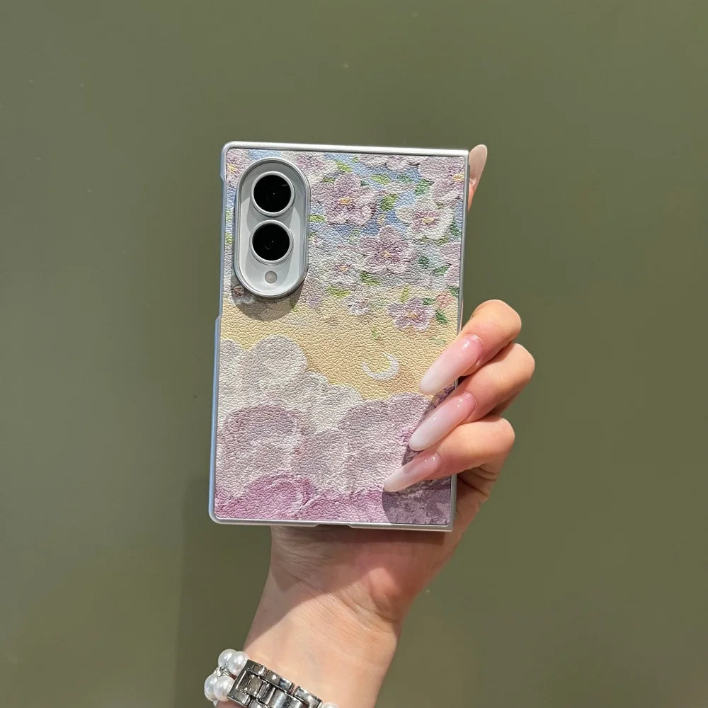 Plating Oil Painting Colorful Flower PU Leather Case for Samsung Galaxy Z Fold 8 Ultra Shockpoof Cover for zfold8 Wide Shell