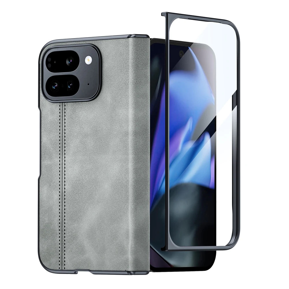 for Google Pixel 9 Pro Fold Phone Case, Sheepskin Texture Magnetic Hinge Protective Case, Integrated Protective Film
