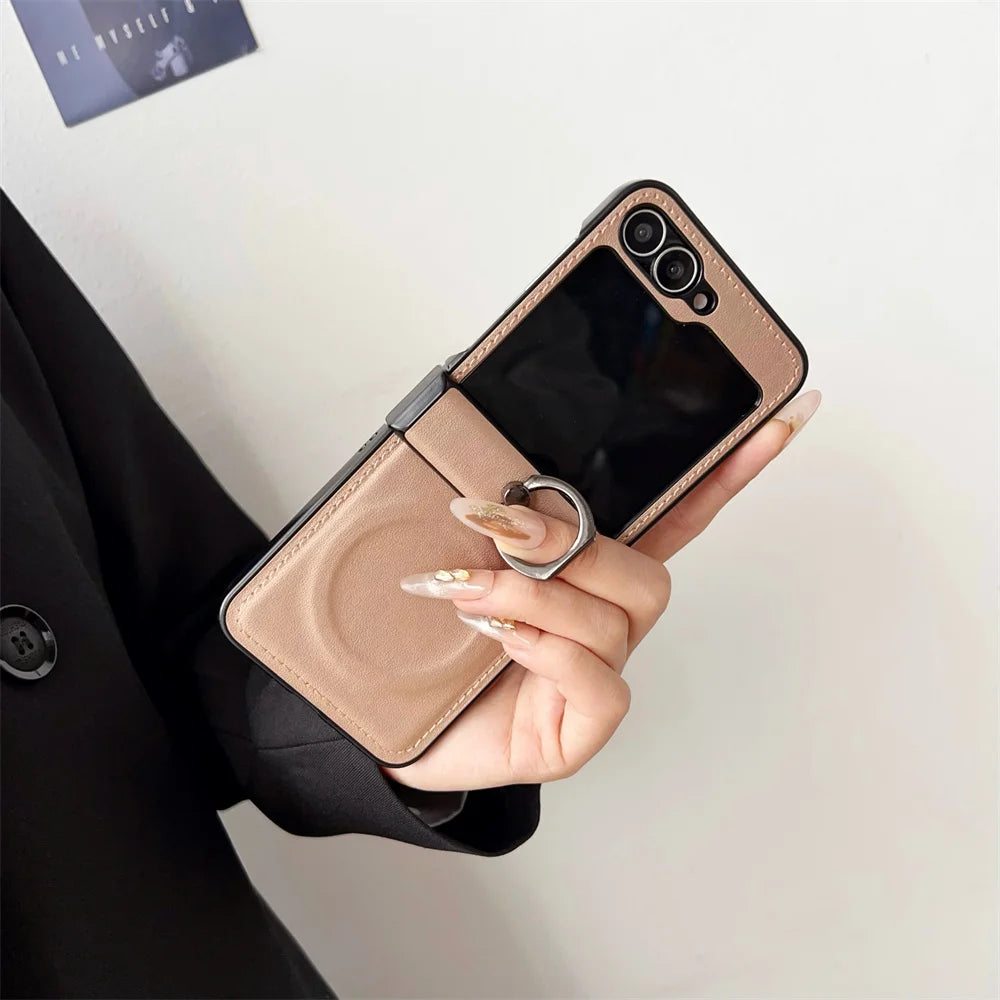Luxury Leather Ring Holder for Magsafe Case for Samsung Galaxy Z Flip 6 5 4 3 7 flip6 Flip5 Magnetic Bracket Shockproof Cover