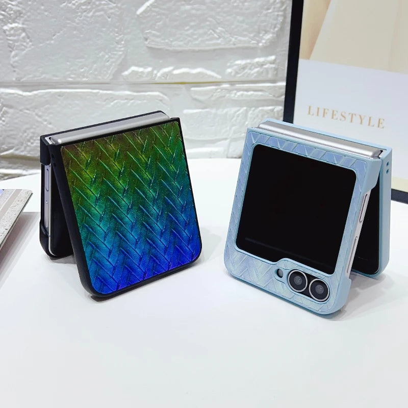Gradient Color Weave Pattern Case for Samsung Galaxy Z Flip 3 4 5 6 7 5G ZFlip7 ZFlip6 2-piece Set Luxury Shockproof Back Cover