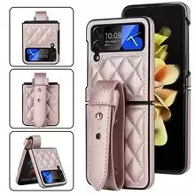 Leather Wristband Phone Case for Samsung Galaxy Z Flip 5 4 5G Flip5 Zflip 6 Wrist Strap Thin Skin Feeling Shockproof Stand Cover