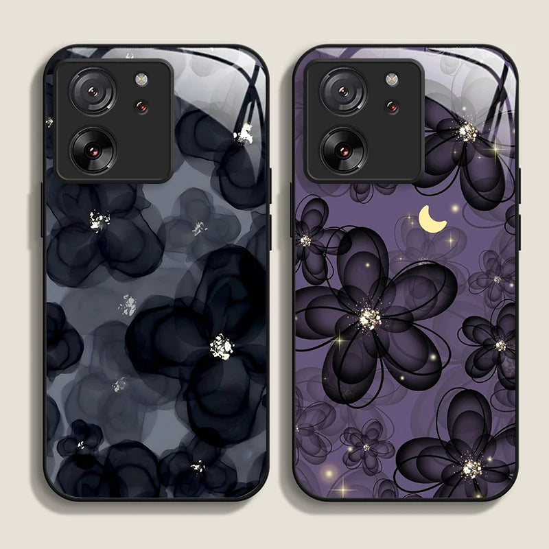 Tempered Glass Phone Case for Motorola Moto G85 G84 G75 G55 G24 Edge 50 Fusion 40 Neo 30 Pro Luxury Black Rose Flower Hard Cover