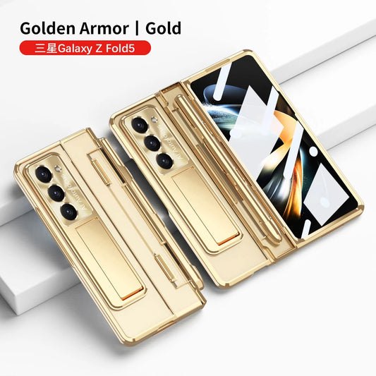 With Pen Plating Clear Magnetic Case For Samsung Galaxy Z Fold 7 6 5 4 3 Kickstand 360 Full Screen Protector Film Folding Cover