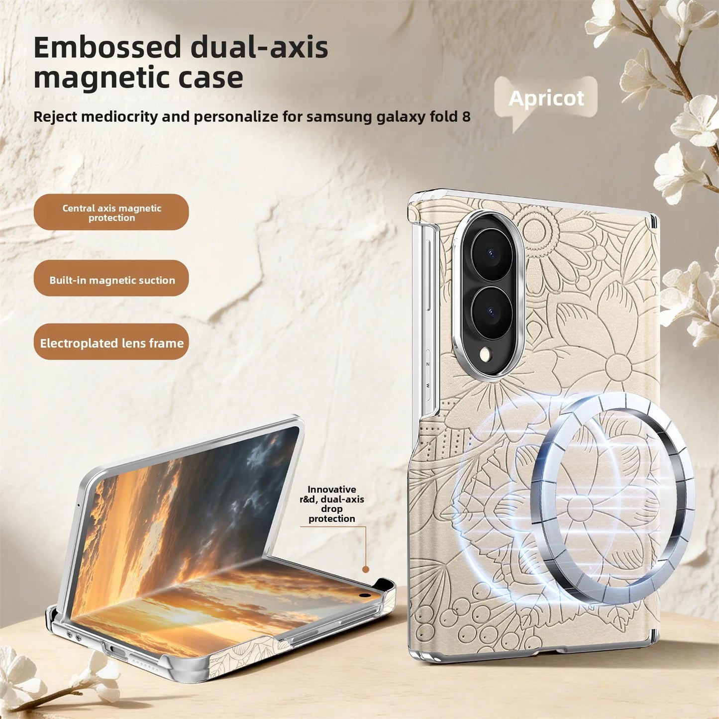 ‌Fashionable Magnetic Embossed Leather Case for Samsung Z Fold 8 Wide Shockproof for Magsafe Central Axis Protection‌ Slim Cover