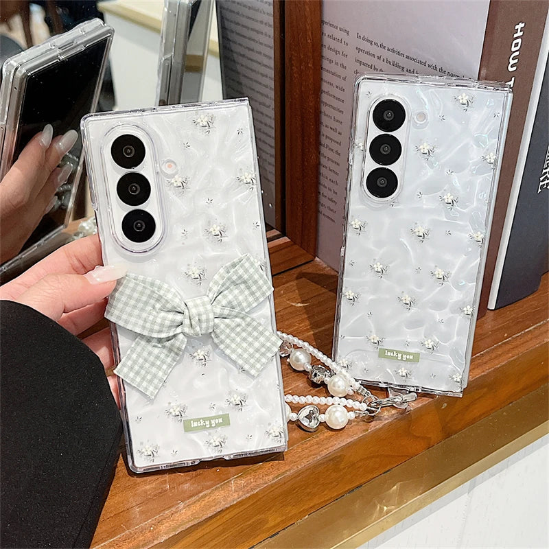 Clear Water Ripples Bowknot Flower Cute Phone Case For Samsung Z Fold 7 6 Fold6 Cases with Chain Cover For ZFold6 ZFod7 Funda