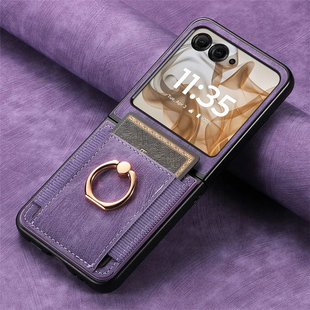 For Motorola Razr 50 Ultra Mooto Razr40 Retro Plain PU Leather Card Slot Holder Wallet Phone Case Ring Bracket Shockproof Cover