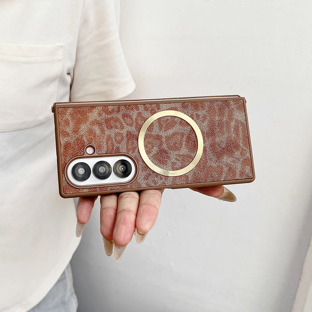 Luxury Gradient Leopard Pattern For Magsafe Magnetic Phone Case for Samsung Z Fold 7 6 5 4 3 Wireless Charging Protective Cover