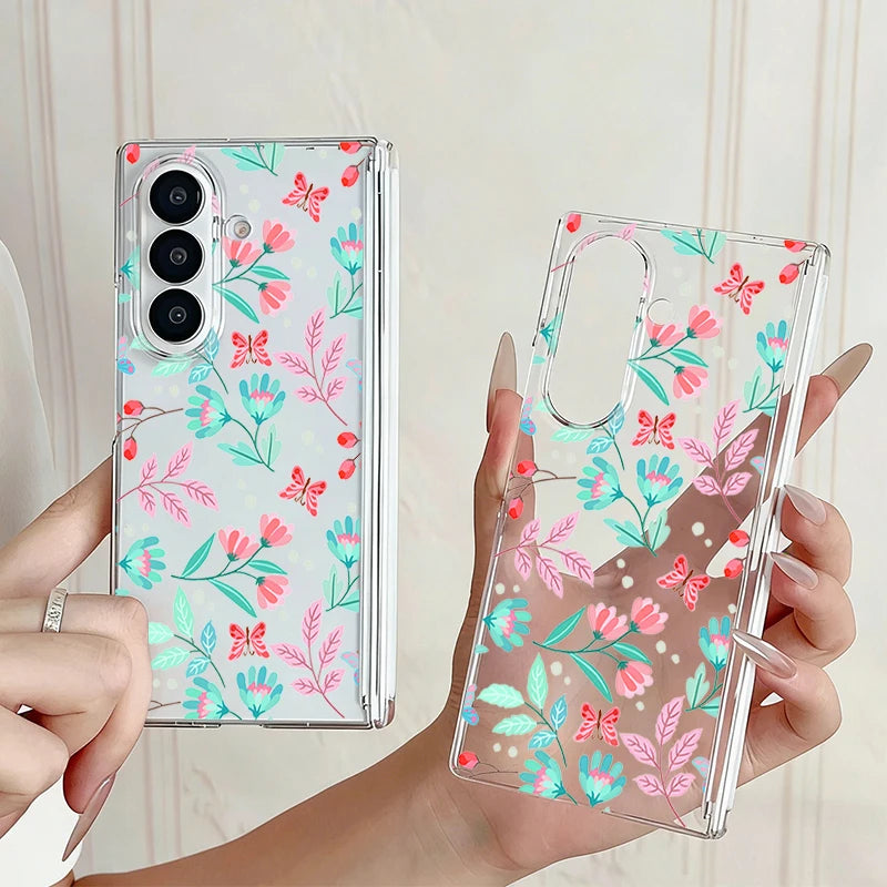 Magnetic Adsorption Phone Case For Samsung Galaxy Z Fold 7 6 5 Fold7 Fold6 Fold5 5G Flower Floral Pattern Clear Shockproof Cover