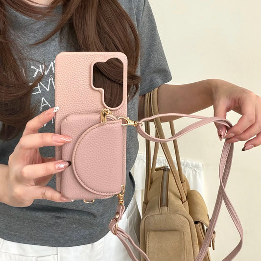 Crossbody Long Lanyard Leather Cards Bag Case for Samsung S26 Ultra S25 S24 Plus A17 A07 A57 A37 Built in Makeup Mirror Cover