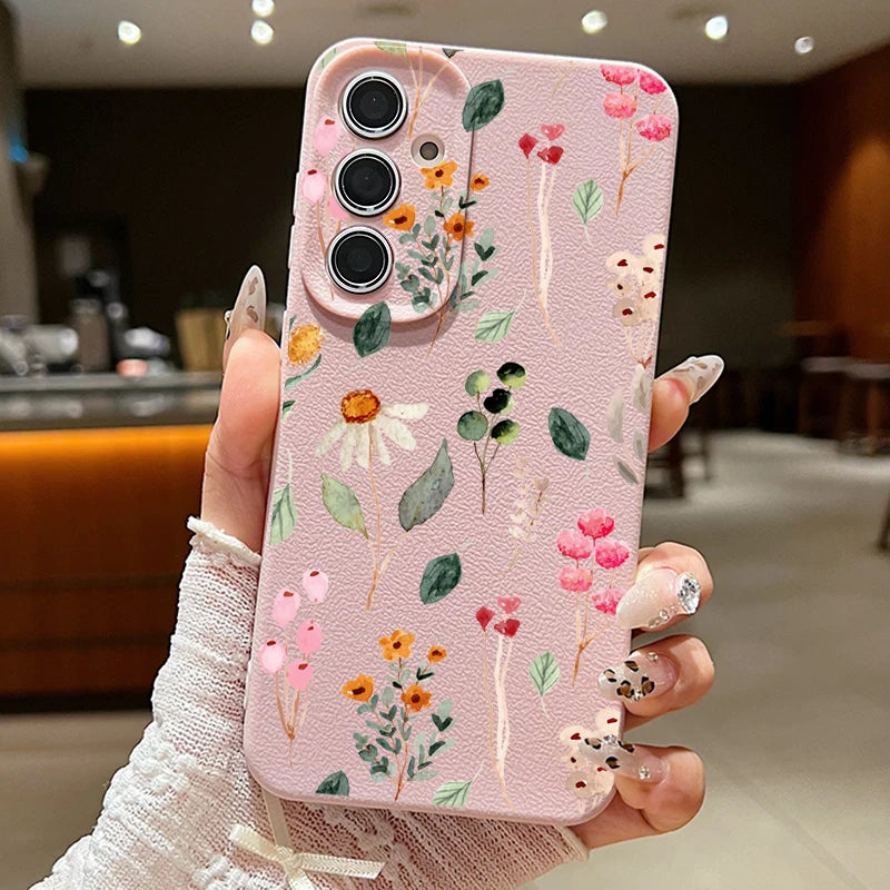 Small Flowers Leather Texture TPU Case For Samsung Galaxy A16 A55 A15 A54 A35 A25 A56 5G S24 FE S25 S23 S22 Ultra Phone Cover