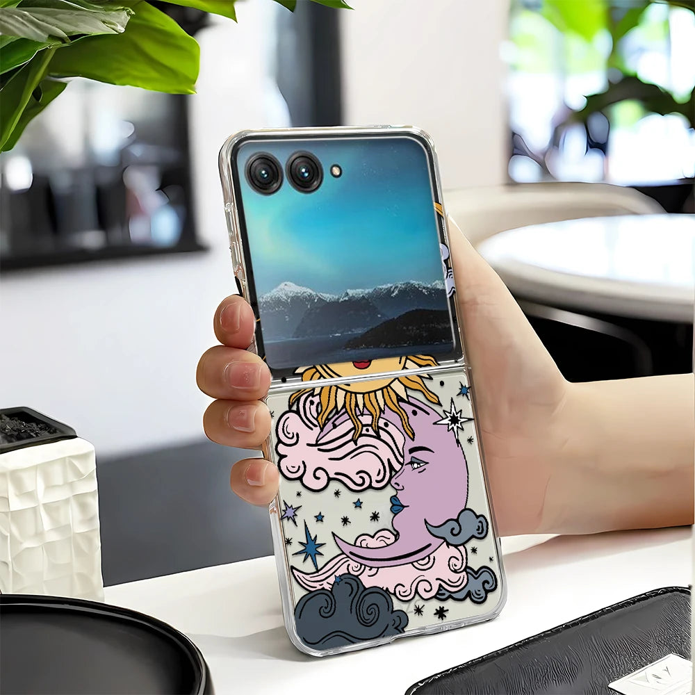 Retro Sun Moon Phone Case For Motorola Razr 60 Ultra 50 40 Ultra Razr 2025 2024 23 For Samsung ZFlip 7 6 5 4 3 Transparent Cover
