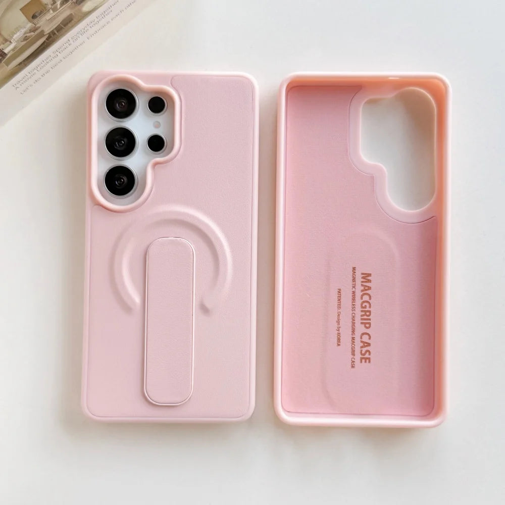 PU Leather Ring Adjustable Bracket Magnetic Case For Samsung Galaxy S26 S25 S24 Ultra Plus S26+ S26 for Magsafe Shockproof Cover