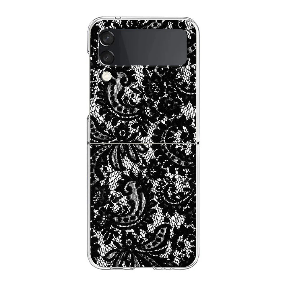 Transparent Phone Case For Samsung Galaxy Z Flip 3 4 5 6 7 Hard Folding PC Z Flip3 Flip4 Cover Lace Printed