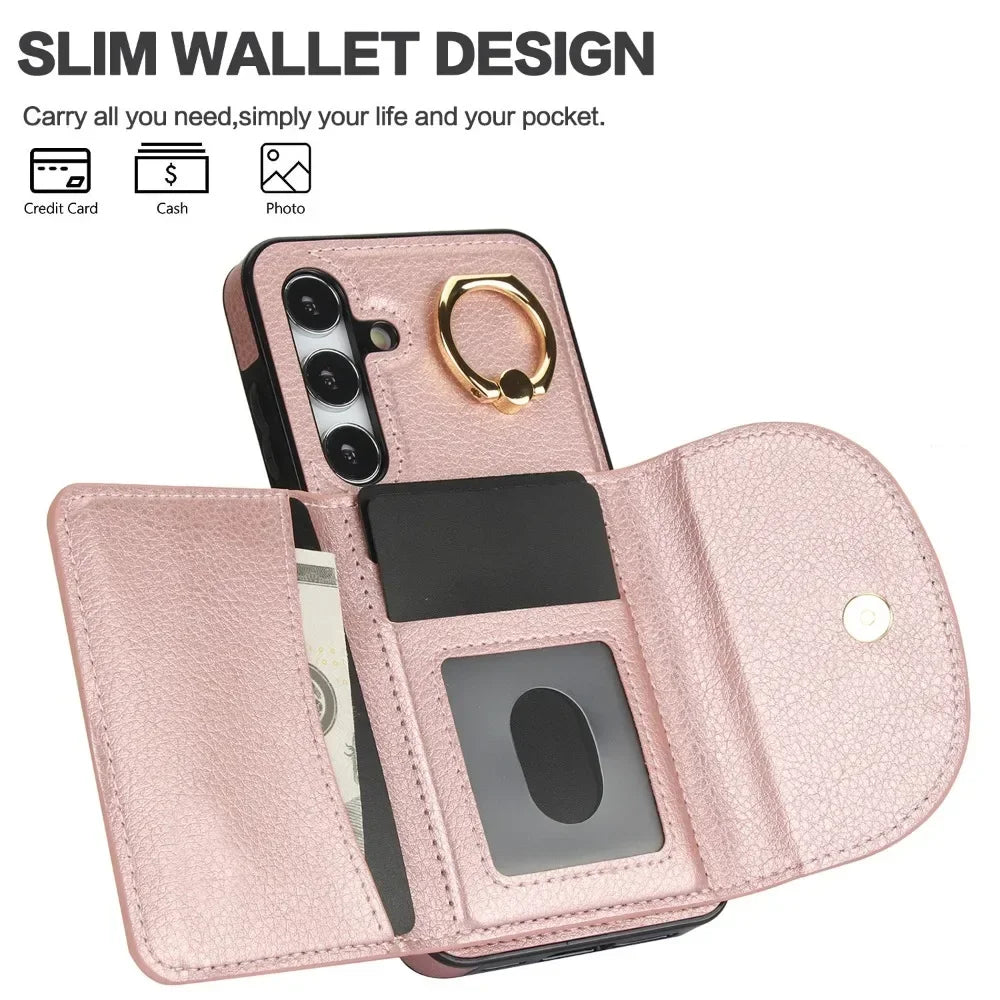 Ring Stand Card Wallet Phone Case for Samsung Galaxy S21 S23 FE S22 S24 S25 Ultra Plus A54 A14 A15 A55 A35 A16 5G Leather Cover