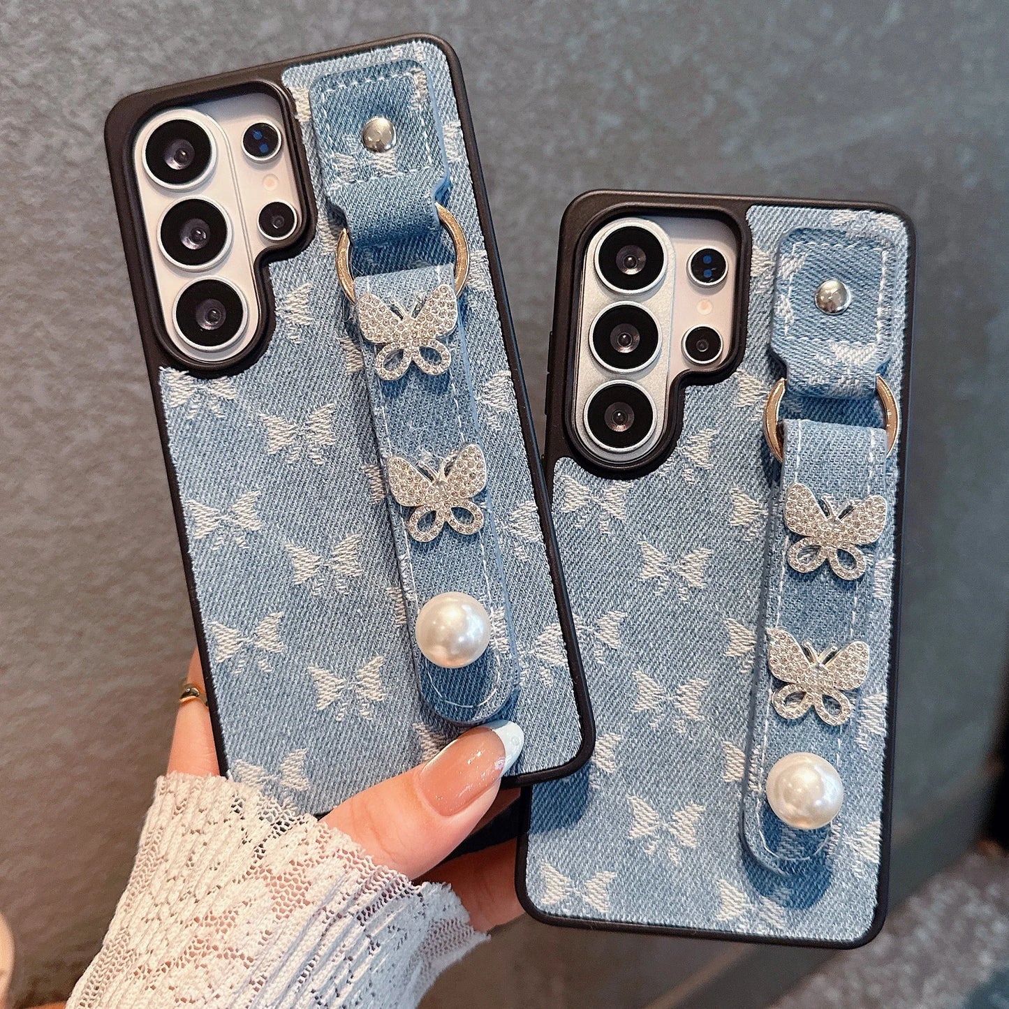 Fashion Denim Cloth Case For Samsung S26 Ultra Wristband Cover For Galaxy S25 Ultra S24 S23 Ultra Luxury Butterfly Phone Case