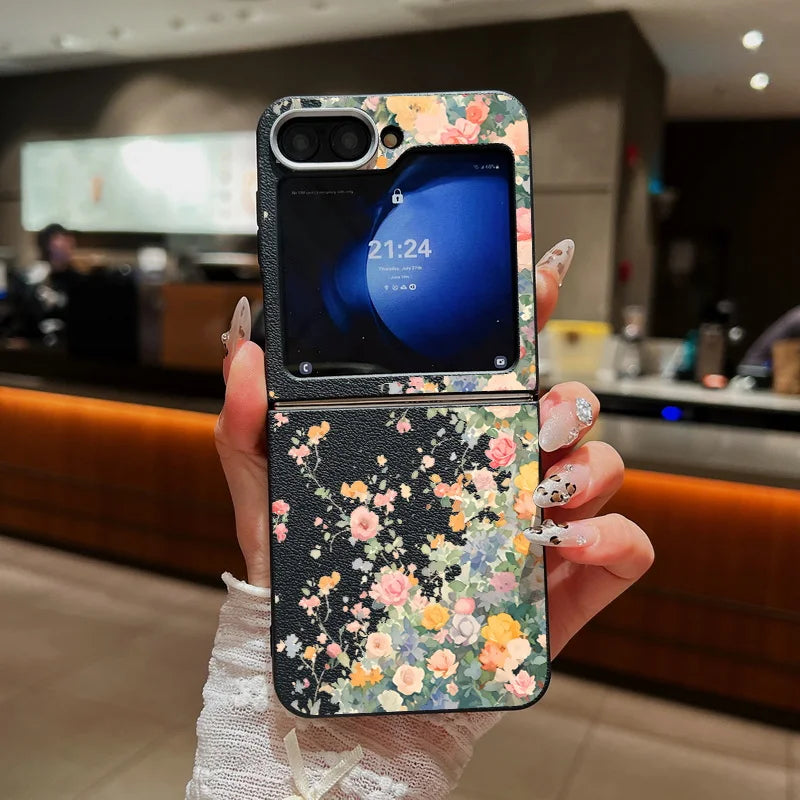 For Samsung Galaxy Z Flip 7 6 5 4 3 5G Luxury Leather Phone Case Retro Flowers Soft TPU Folding Cover For Samsung Z Flip5 Flip3