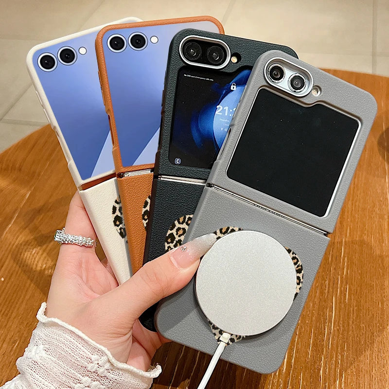 Leopard Print Big Heart Phone Case For Samsung Galaxy Z Flip7 FE Flip6 Flip 7 6 5 4 3 For Magsafe Wireless Charge Folding Cover