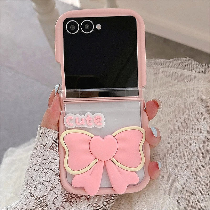 3D Bow Clear Case With Hairball Pendant For Samsung Galaxy Z Flip 3 4 5 6 7 5G ZFlip7 Protect Lovely 3-PIECE Set Cute Cover Gift