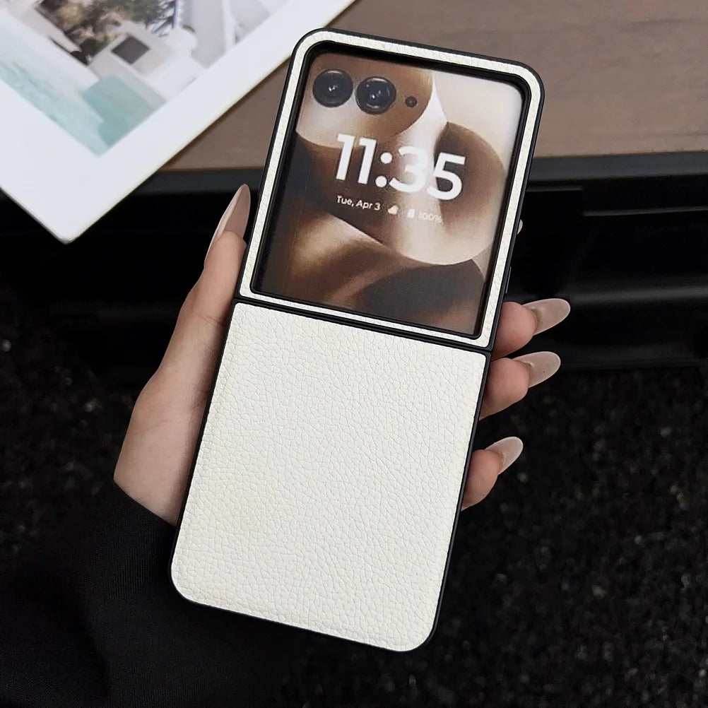 Plain Leather Lychee Patterned Case For Moto Razr 60 Ultra Razr60 Motorola razr 50 Ultra razr+ 2024 Camera protect Cover