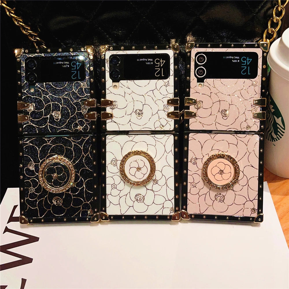 Luxury Shockproof Cover Retro Glitter Gold Line Rose Flower Phone Case for Samsung Galaxy Z Flip 7 Flip 6 Z Flip 5 Flip 4 Flip 3