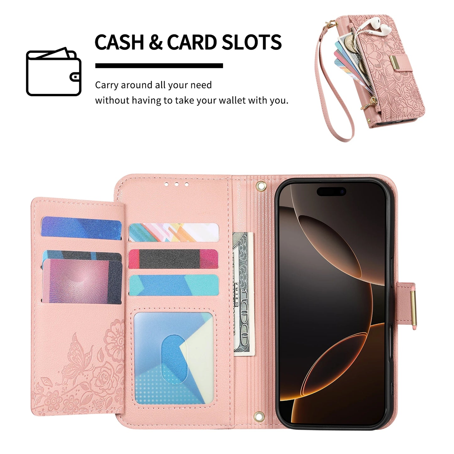 Zipper Wallet Flip Case For Google Pixel 10 Pro XL 9 9A 8 8A 7 7A 6 6A Card Holder Wrist Strap Phone Back Cover